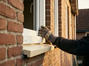 Monteur plaatst wit PVC kozijn in bakstenen gevel van jaren 70 rijtjeshuis in Almere, warme middagzon op roodbruin metselwerk.