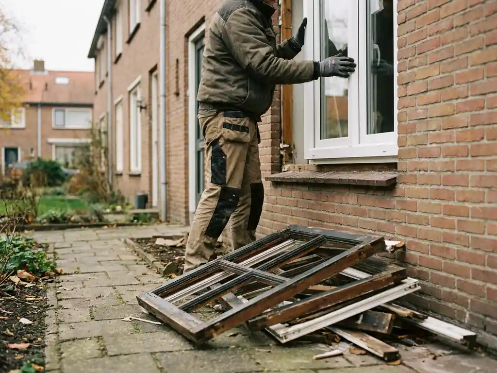 Vakman plaatst wit PVC kozijn in bakstenen gevel van rijtjeshuis, oude kozijnen gestapeld op tuinpad.