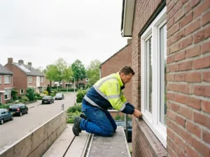 Vakman plaatst wit PVC kozijn in bakstenen gevel van woning in Emmeloord, zichtbaar op ooghoogte bij bewolkt daglicht.