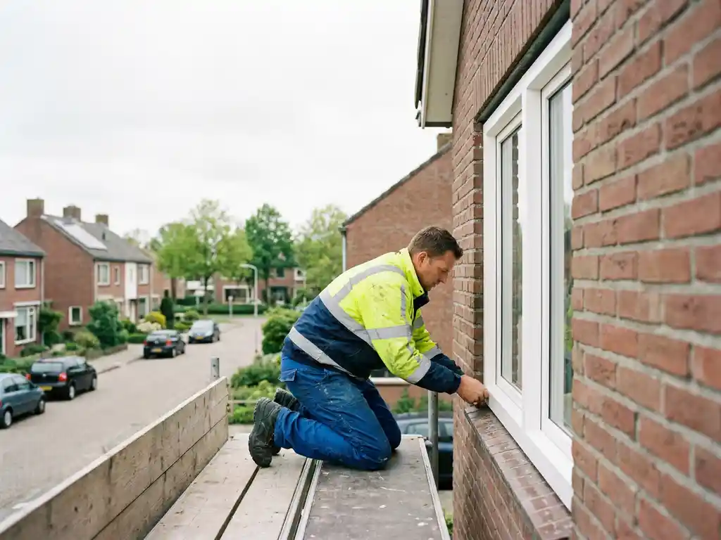Vakman plaatst wit PVC kozijn in bakstenen gevel van woning in Emmeloord, zichtbaar op ooghoogte bij bewolkt daglicht.