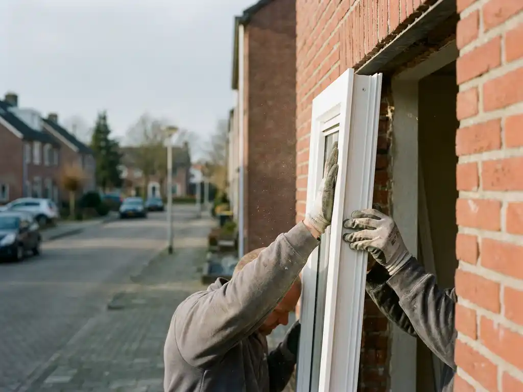Arbeider plaatst wit PVC kozijn in bakstenen gevel van woning in Zeewolde, handen in handschoenen zichtbaar op voorgrond.