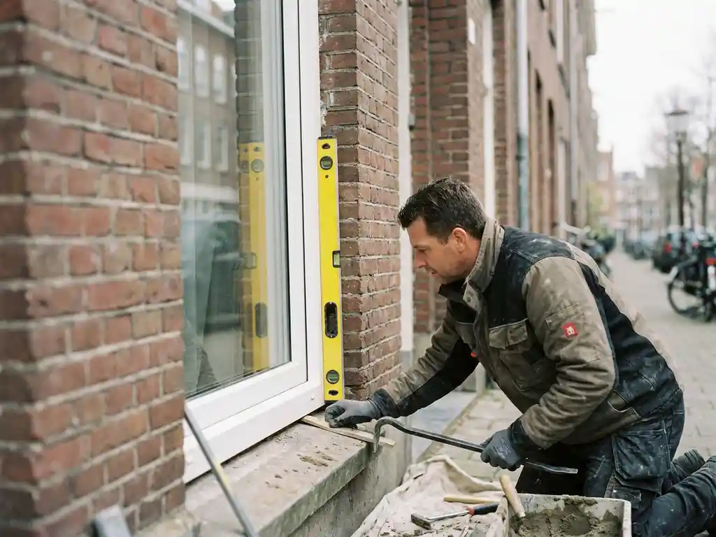 Installateur die een scheve witte PVC-kozijn uitlijnt in een Nederlandse bakstenen gevel, met een waterpas tegen het kozijn.