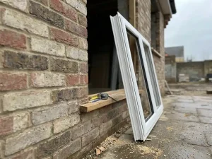 Nieuw wit PVC-kozijn tegen bakstenen gevel van Nederlandse woning in aanbouw, met meetlint en potlood op de vensterbank.