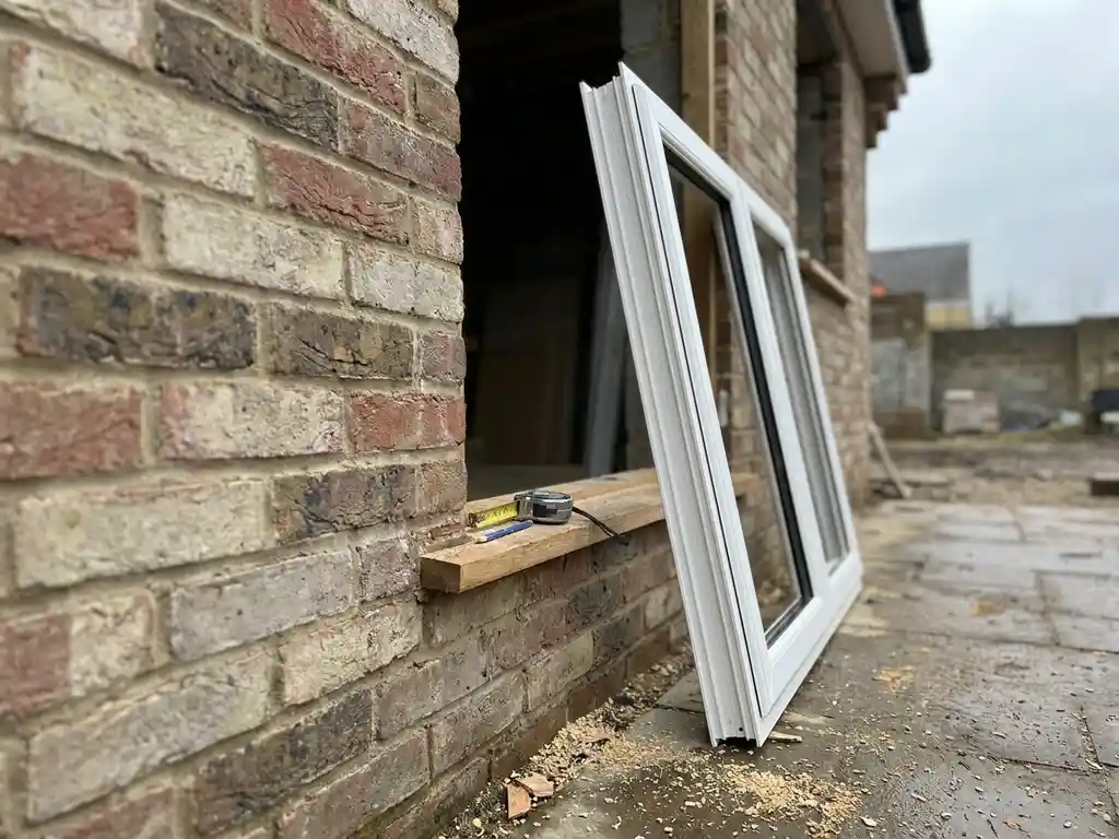 Nieuw wit PVC-kozijn tegen bakstenen gevel van Nederlandse woning in aanbouw, met meetlint en potlood op de vensterbank.