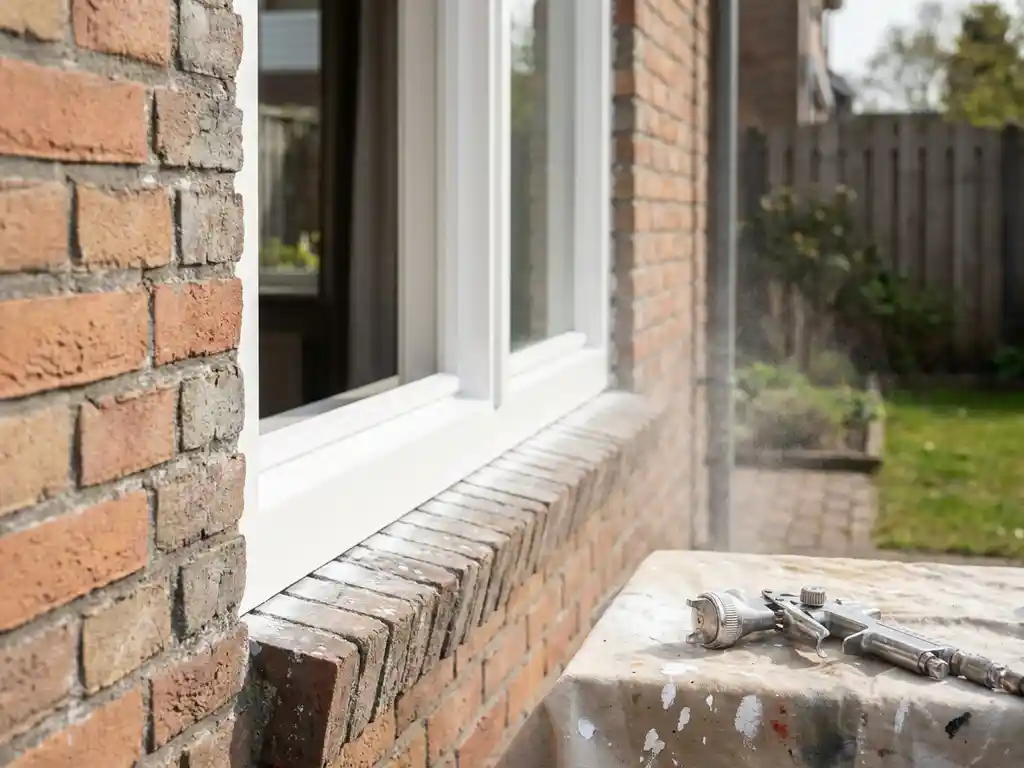 Wit gespoten kozijn op Nederlandse bakstenen gevel, verfspuitpistool op beschermingsdoek, daglicht benadrukt strakke lijnen.