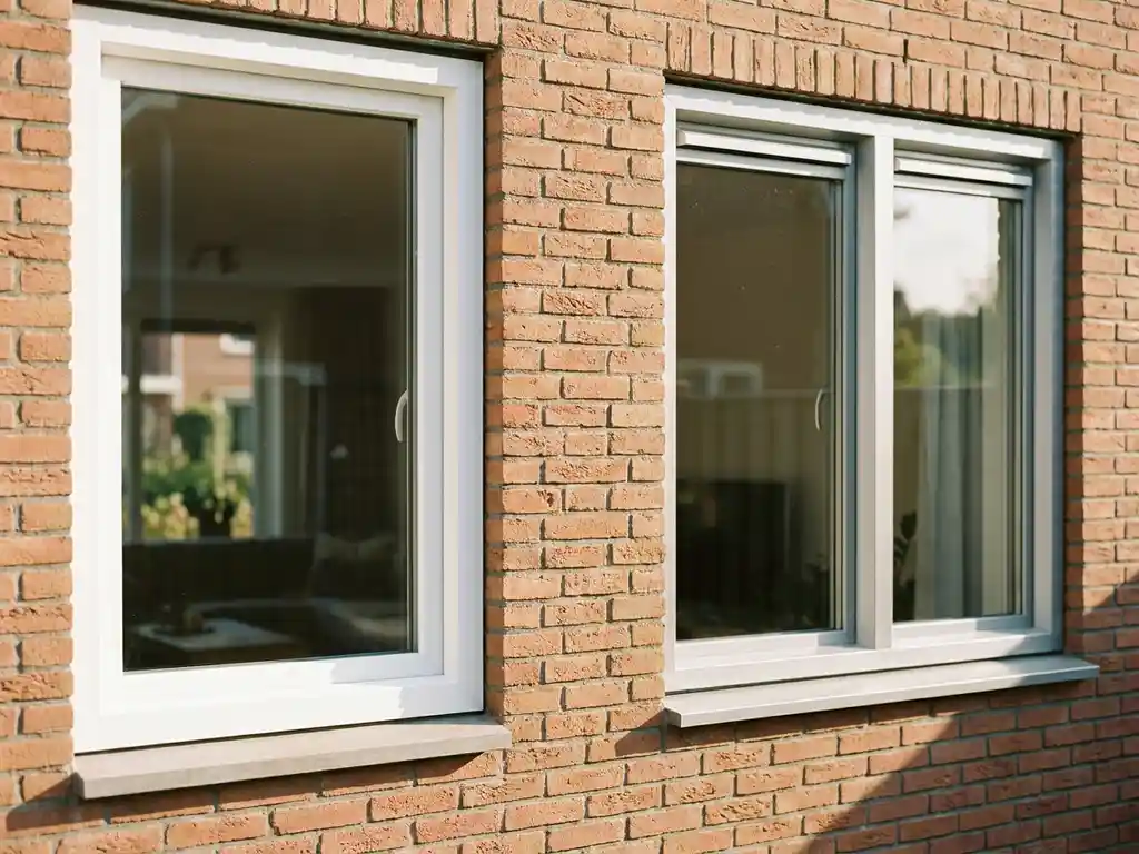 Wit uPVC raamkozijn en zilverkleurig aluminium kozijn naast elkaar in een moderne Nederlandse gevel van terracottakleurig baksteen.
