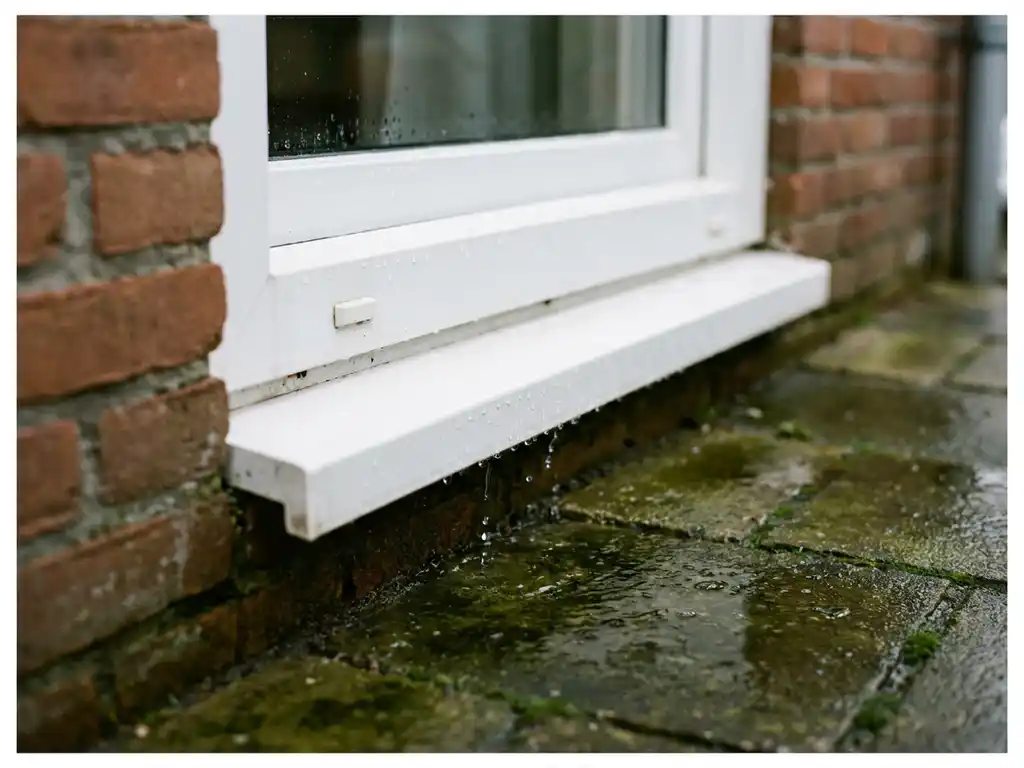 Witte uPVC vensterbank op bakstenen gevel in Nederland, met regenwater dat afstroomt over de hellende dorpel op natte steen.