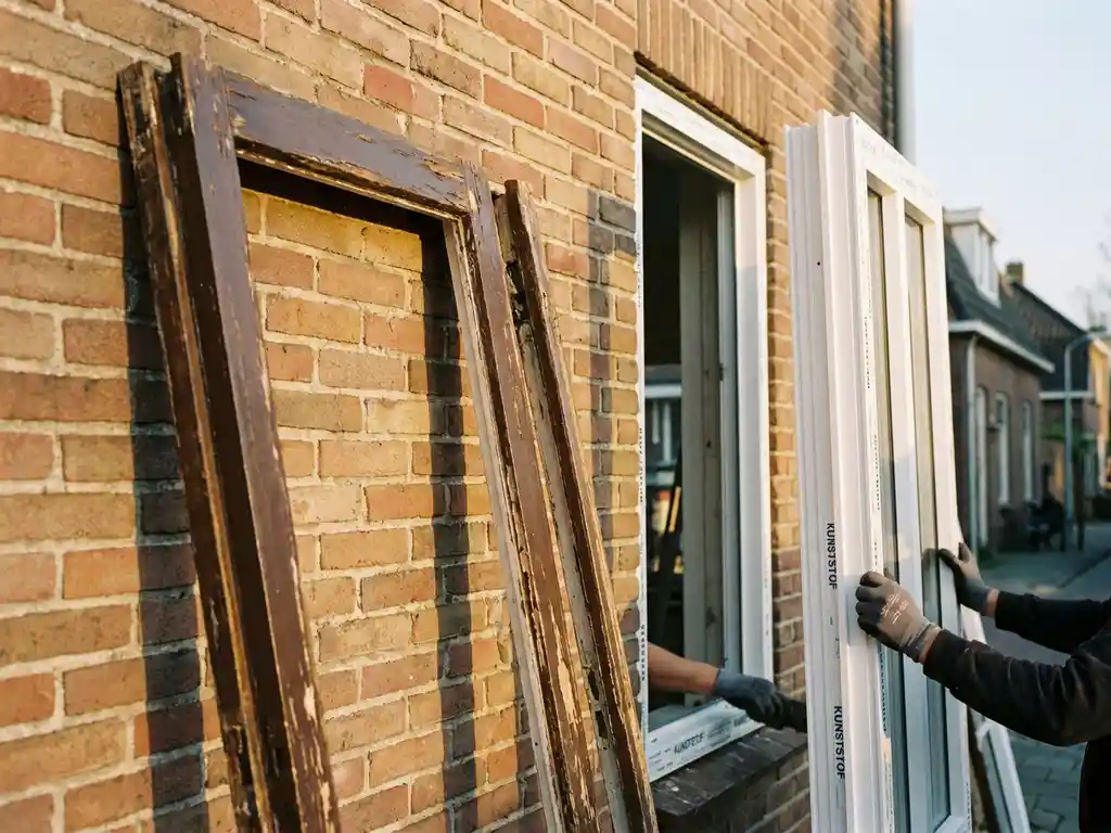 Vervanging van verouderd houten kozijn door wit PVC kunststof kozijn op Nederlandse bakstenen gevel in middagzon.