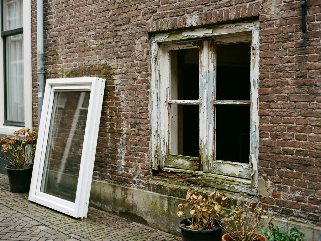 Verouderd houten kozijn met afbladderende verf en houtrot in bakstenen gevel, met een nieuw wit PVC-kozijn ernaast.