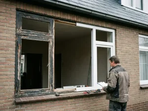 Huiseigenaar naast half-geïnstalleerd kozijn op bakstenen gevel, oud houten kozijn met afbladderende verf versus nieuw wit PVC kozijn.