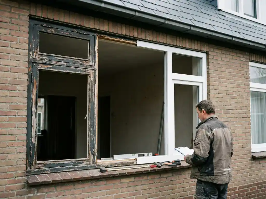Huiseigenaar naast half-geïnstalleerd kozijn op bakstenen gevel, oud houten kozijn met afbladderende verf versus nieuw wit PVC kozijn.