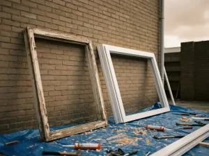 Oud houten kozijn tegen bakstenen gevel, nieuw wit PVC kozijn op plastic zeil, met gereedschap en schuimkit op de grond.