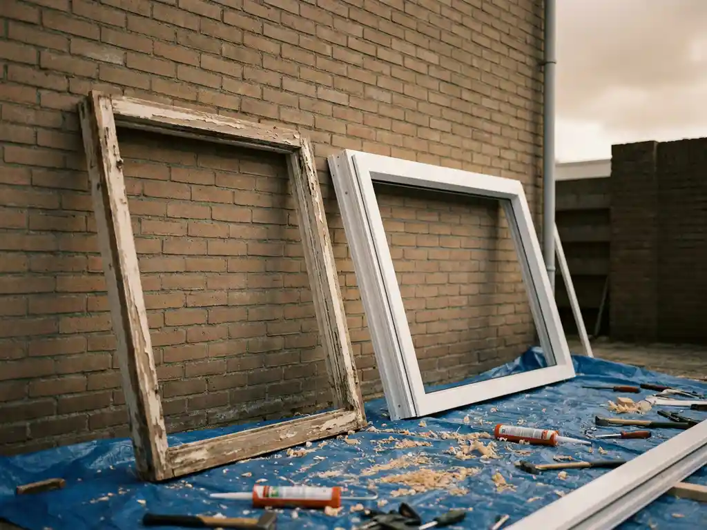 Oud houten kozijn tegen bakstenen gevel, nieuw wit PVC kozijn op plastic zeil, met gereedschap en schuimkit op de grond.
