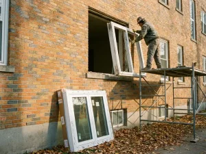 Vakman op steiger verwijdert wit PVC-raamkozijn uit bakstenen gevel op de tweede verdieping, vervangend kozijn leunt tegen de muur.