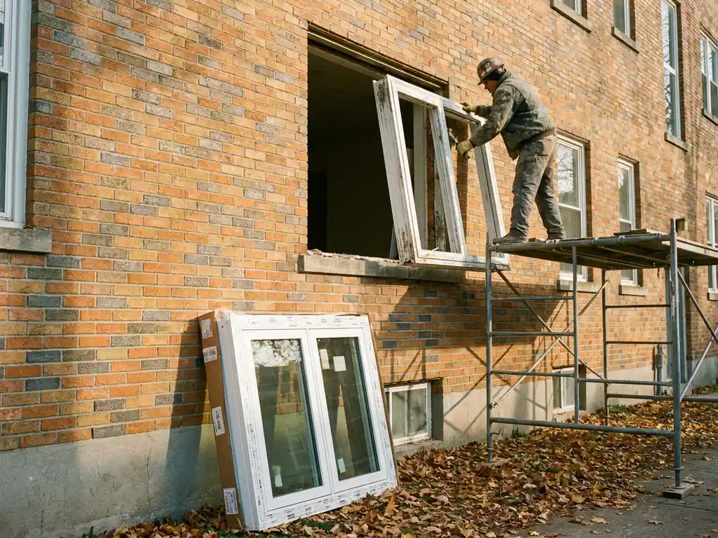 Vakman op steiger verwijdert wit PVC-raamkozijn uit bakstenen gevel op de tweede verdieping, vervangend kozijn leunt tegen de muur.
