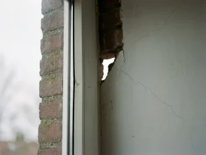 Kromgetrokken wit uPVC kozijn met zichtbare kier in bakstenen gevel, scheuren in het binnenpleisterwerk, daglicht sijpelt door de onregelmatige opening.