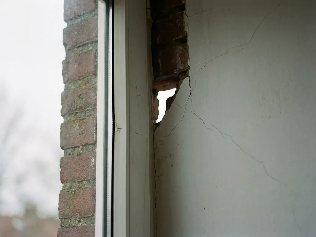 Kromgetrokken wit uPVC kozijn met zichtbare kier in bakstenen gevel, scheuren in het binnenpleisterwerk, daglicht sijpelt door de onregelmatige opening.