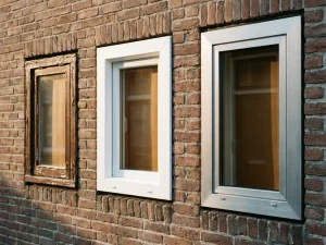 Drie raamkozijnen naast elkaar in bakstenen gevel: verweerd hout, wit uPVC en geborsteld aluminium, met zacht ochtendlicht.