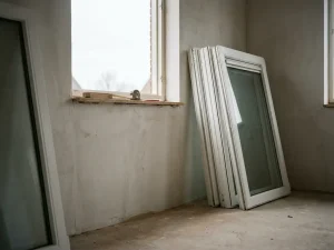 Witte uPVC kozijnen tegen de muur van een Nederlandse woning in aanbouw, met gemeten raamopening, rolmaat en potlood op de vensterbank.