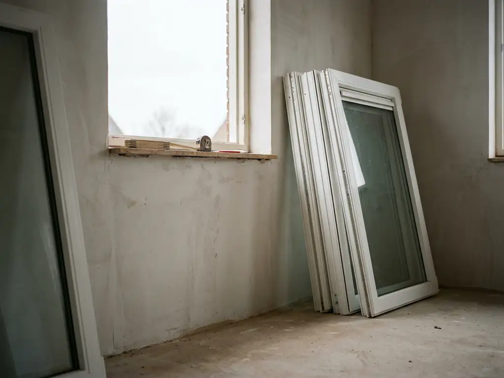 Witte uPVC kozijnen tegen de muur van een Nederlandse woning in aanbouw, met gemeten raamopening, rolmaat en potlood op de vensterbank.