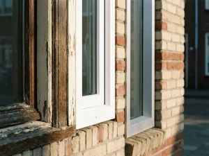 Drie raamkozijnen naast elkaar op bakstenen gevel: verweerd hout, wit uPVC en geborsteld aluminium in ochtendlicht.