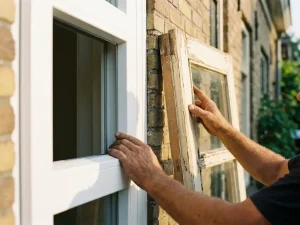 Vakman vergelijkt nieuw wit PVC-kozijn met verweerd houten kozijn op zonnige Nederlandse gevel.