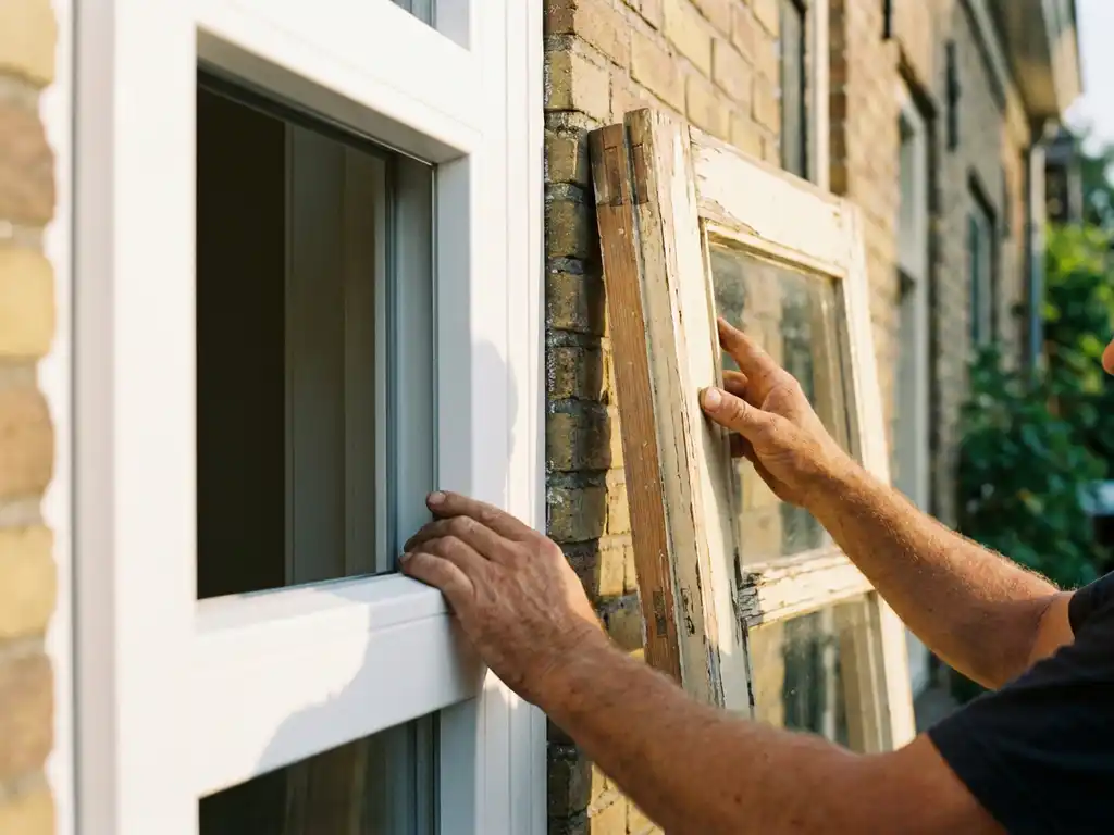 Vakman vergelijkt nieuw wit PVC-kozijn met verweerd houten kozijn op zonnige Nederlandse gevel.