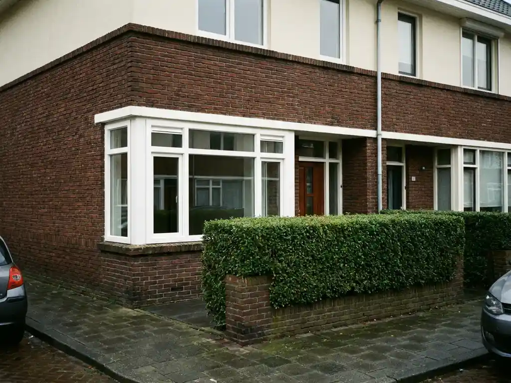 Jaren 70 Nederlandse rijtjeswoning met roodbruine bakstenen gevel en nieuw wit PVC-kozijn, nette haag op de voorgrond.