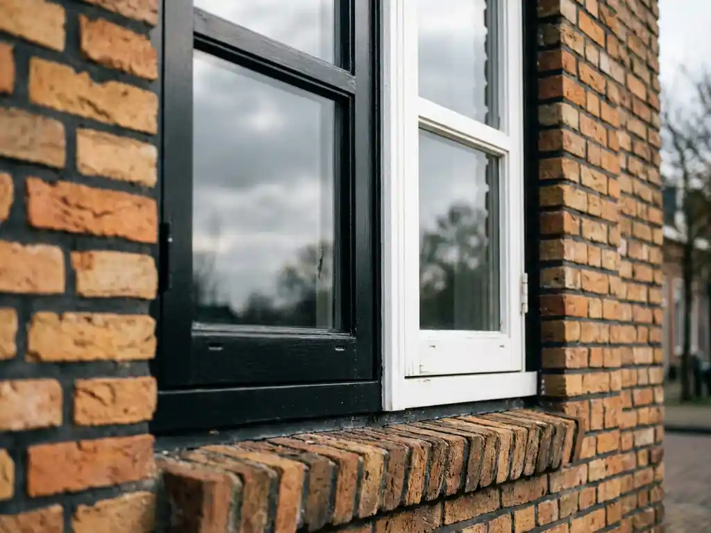 Twee identieke raamkozijnen in Hollandse bakstenen gevel, één mat zwart en één wit, in middagzonlicht met terracotta baksteentinten.