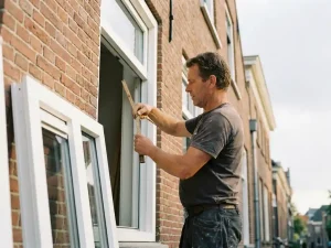 Vakman meet een wit PVC kozijn op de bakstenen gevel van een Hollands grachtenpand in Sneek met een houten meetlint.