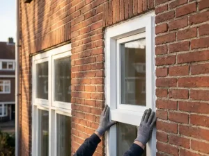 Monteur plaatst wit uPVC kozijn in rood bakstenen gevel met vers kit langs de randen.