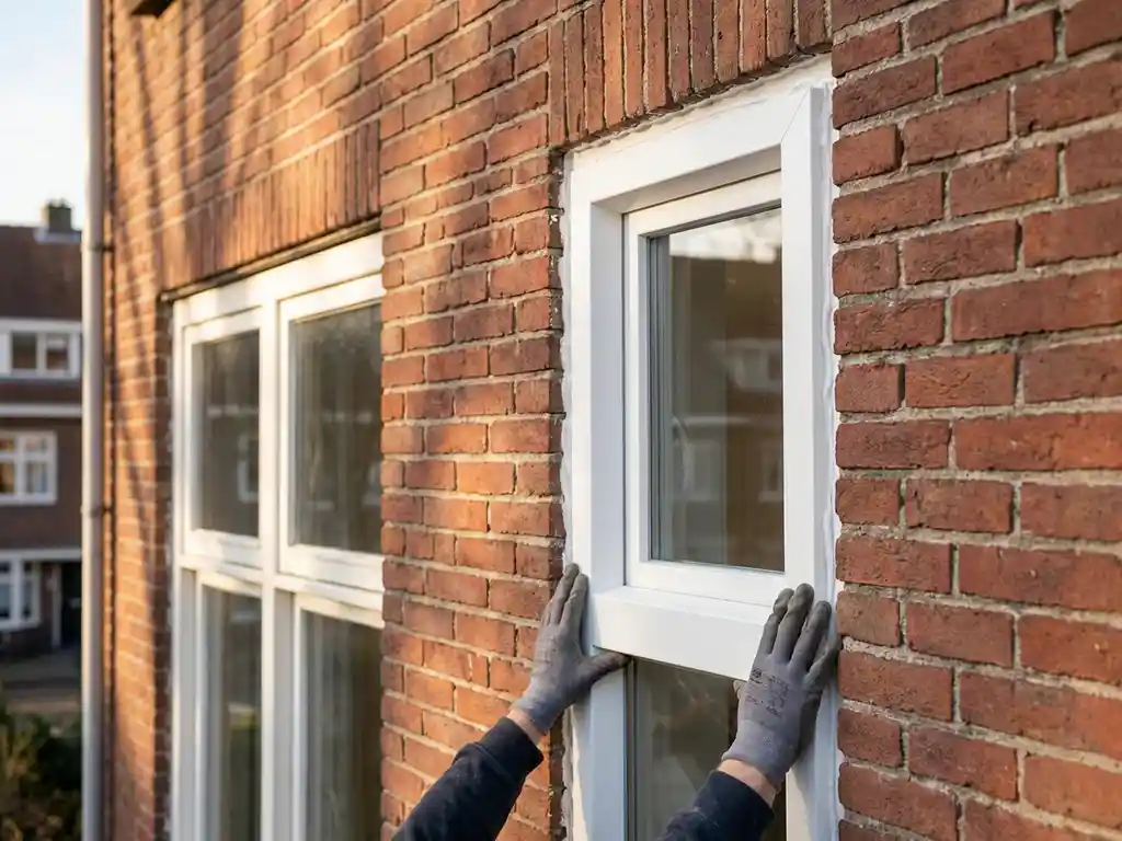 Monteur plaatst wit uPVC kozijn in rood bakstenen gevel met vers kit langs de randen.