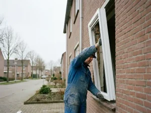 Vakman plaatst wit PVC kozijn in bakstenen gevel van jaren 80 rijtjeshuis in Almere.