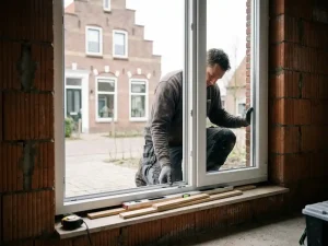 Vakman plaatst wit PVC-kozijn in bakstenen gevel van Nederlandse woning, uitlijningswerktuigen op de dorpel.