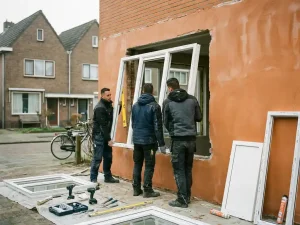 Installateurs plaatsen een groot wit PVC-kozijn in een vers gepleisterde bakstenen gevel van een woning in een Nederlandse straat.