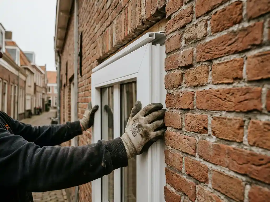 Vakman plaatst wit PVC kozijn in bakstenen gevel van Fries woonhuis, handschoenen drukken frame nauwkeurig op zijn plek.
