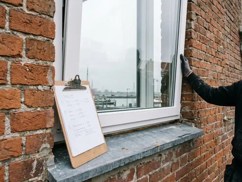 Wit PVC-kozijn geplaatst in bakstenen gevel in Harlingen, met klembord op de vensterbank en bewolkte Friese lucht op de achtergrond.