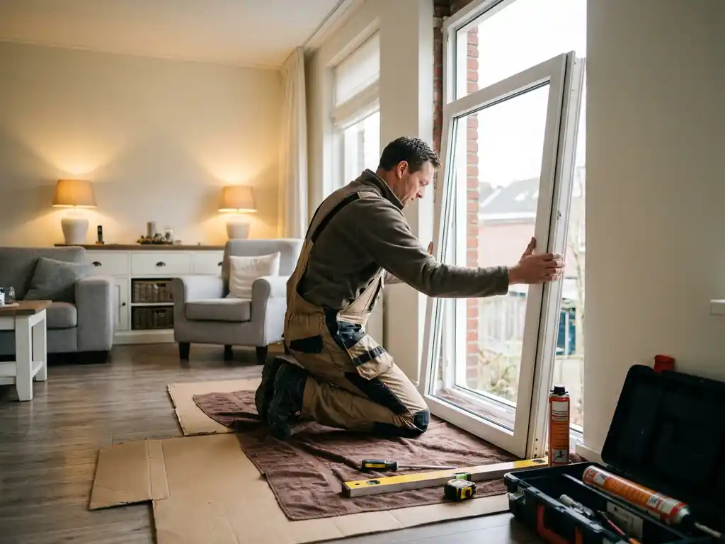 Installateur plaatst groot wit PVC raamkozijn in Nederlandse woonkamer, beschermfolie op houten vloer, kit en gereedschap nabij.