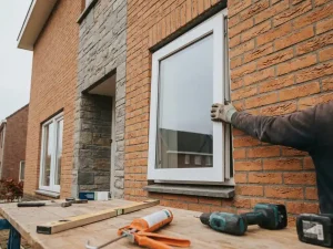 Vakman plaatst wit uPVC kozijn in bakstenen gevel van Nederlandse woning tijdens daglicht installatie.