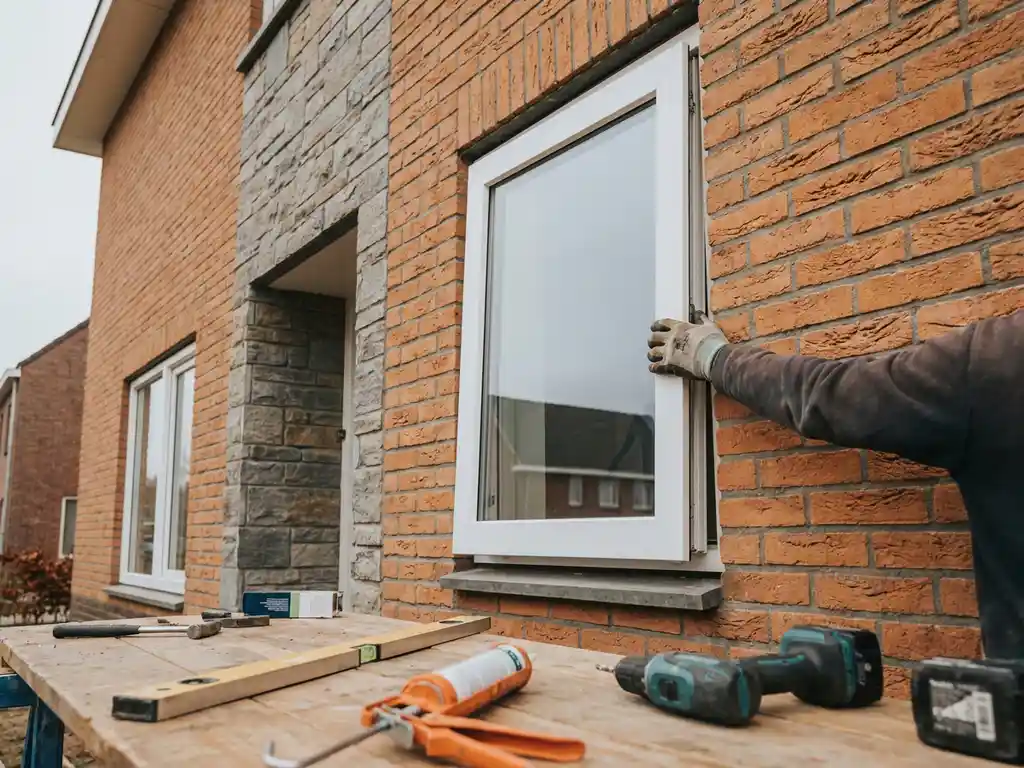 Vakman plaatst wit uPVC kozijn in bakstenen gevel van Nederlandse woning tijdens daglicht installatie.