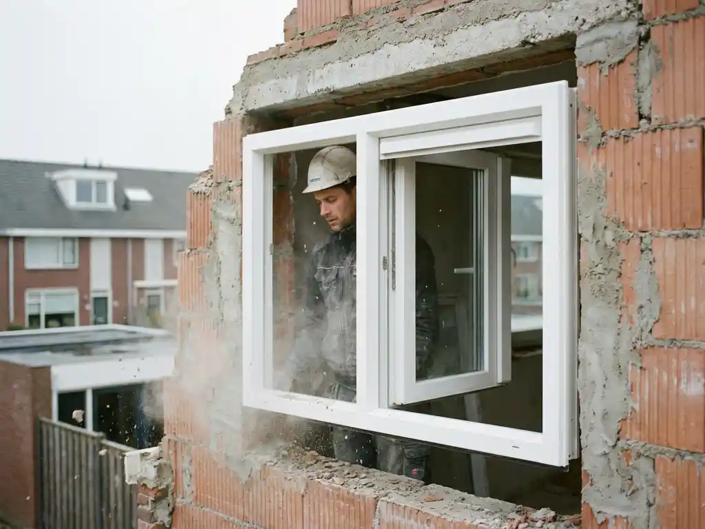 Installateur plaatst wit uPVC kozijn in bakstenen muuropening van Nederlandse woning tijdens renovatie.