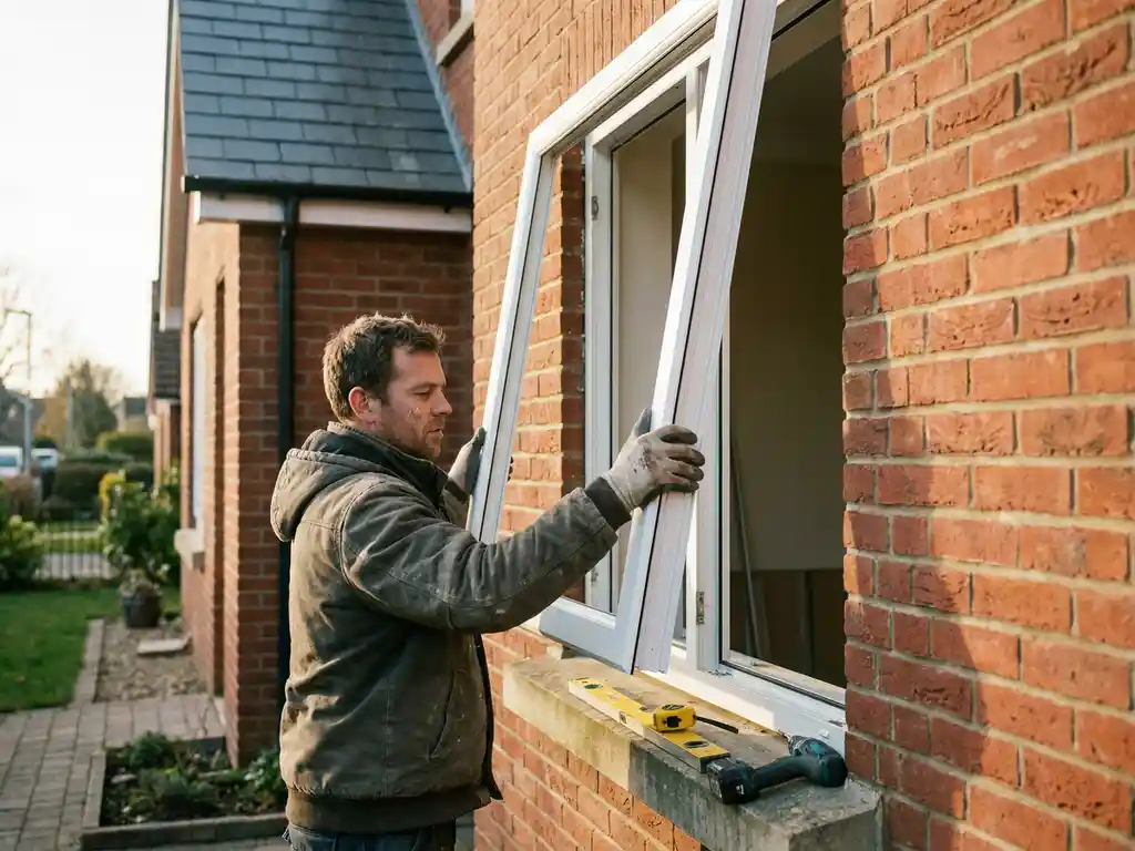 Installateur plaatst groot wit PVC-kozijn in bakstenen gevel van Nederlandse vrijstaande woning, meetlint op de vensterbank.