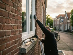 Installateur plaatst wit PVC-kozijn in bakstenen gevel van woning in Leeuwarden, kit en gereedschap op de vensterbank.