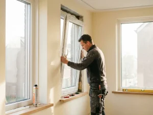 Installateur plaatst wit PVC-kozijn in Nederlandse woonkamer, gereedschap en schuimkit op de vensterbank, warm natuurlijk daglicht.