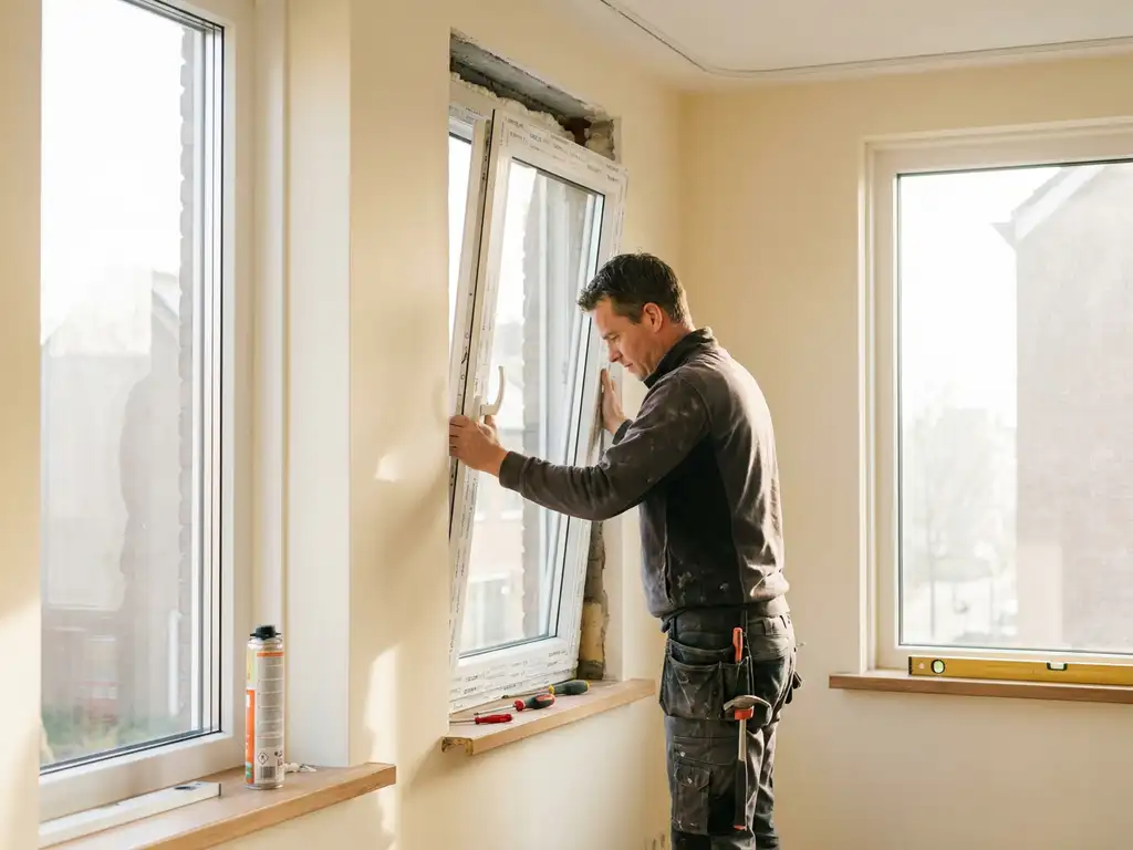 Installateur plaatst wit PVC-kozijn in Nederlandse woonkamer, gereedschap en schuimkit op de vensterbank, warm natuurlijk daglicht.