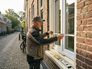 Vakman meet een wit uPVC kozijn op bij een traditioneel Nederlands bakstenen huis in warm ochtendlicht.