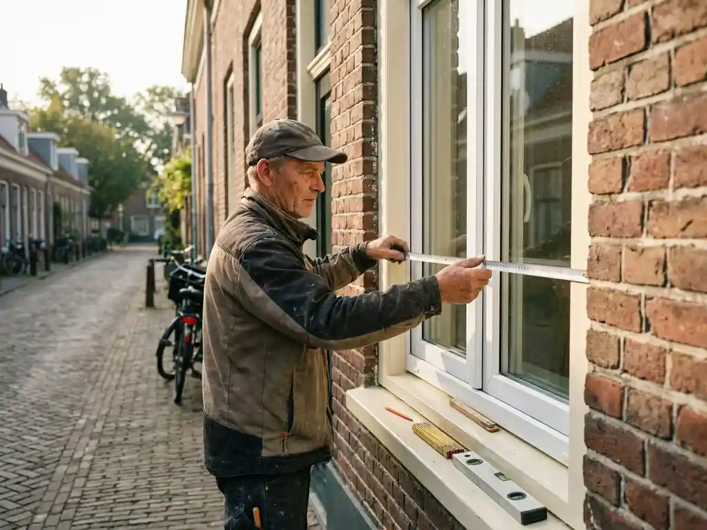 Vakman meet een wit uPVC kozijn op bij een traditioneel Nederlands bakstenen huis in warm ochtendlicht.