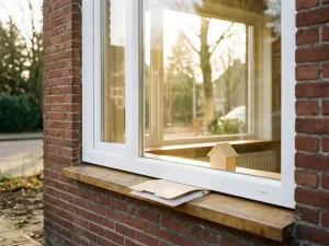 Nieuw wit PVC-kozijn in bakstenen gevel van Nederlandse woning, met huismodel en hypotheekmappen op de vensterbank in warm middaglicht.