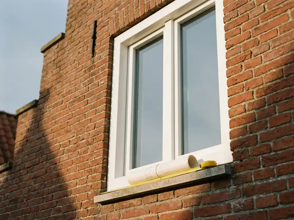 Nieuw wit uPVC kozijn in traditionele rode bakstenen gevel in Urk, met vergunningsdocument en meetlint op de vensterbank.