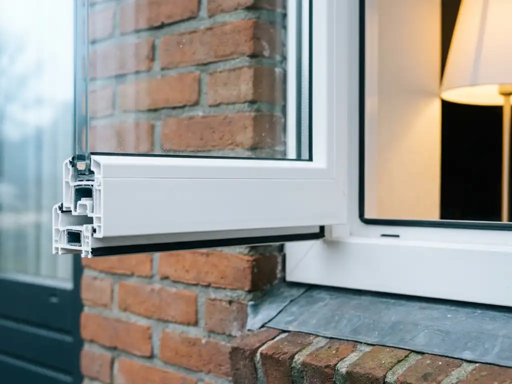 Dwarsdoorsnede van een wit uPVC raamkozijn in een Nederlandse bakstenen muur, met zichtbaar rubberen afdichtingsprofiel en natuurlijk daglicht.